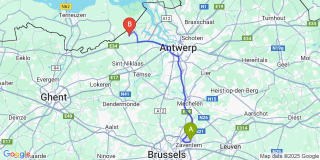 Map: Brussels Zaventem Airport (BRU) to Meerdonk