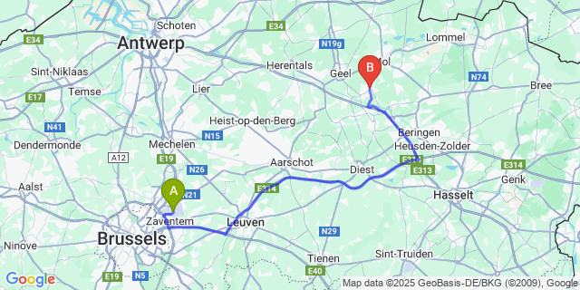 Map: Brussels Zaventem Airport (BRU) to Meerhout