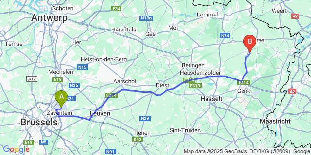 Map: Brussels Zaventem Airport (BRU) to Meeuwen-Gruitrode