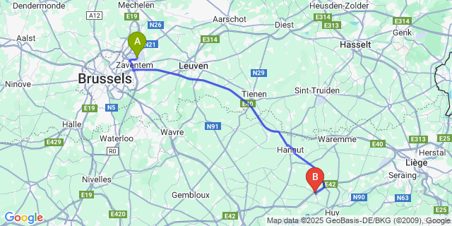 Map: Brussels Zaventem Airport (BRU) to Mehaigne