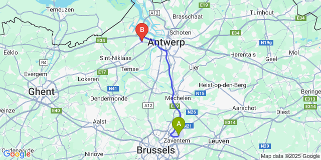 Map: Brussels Zaventem Airport (BRU) to Melsele