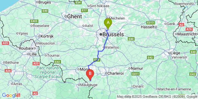 Map: Brussels Zaventem Airport (BRU) to Merbes-le-Château