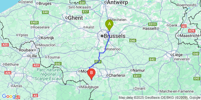 Map: Brussels Zaventem Airport (BRU) to Merbes-Sainte-Marie