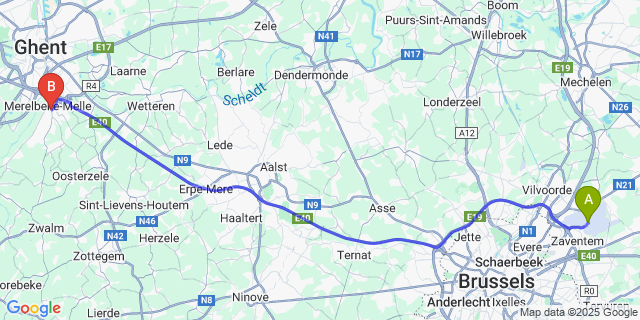 Map: Brussels Zaventem Airport (BRU) to Merelbeke