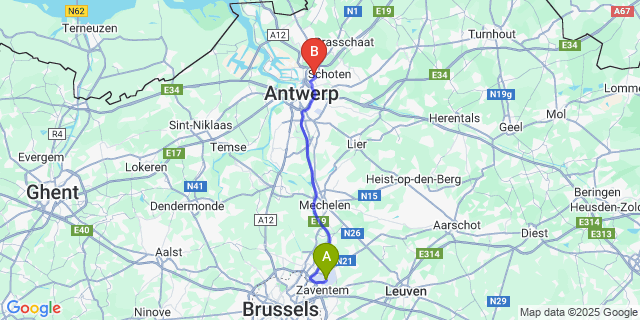 Map: Brussels Zaventem Airport (BRU) to Merksem
