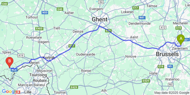 Map: Brussels Zaventem Airport (BRU) to Mesen