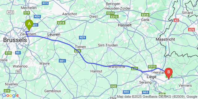 Map: Brussels Zaventem Airport (BRU) to Micheroux