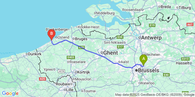 Map: Brussels Zaventem Airport (BRU) to Middelkerke