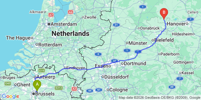 Map: Brussels Zaventem Airport (BRU) to Minden