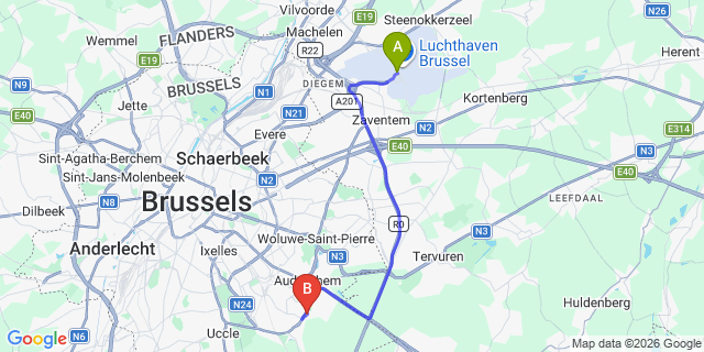 Map: Brussels Zaventem Airport (BRU) to Mix Brussels - Gym & Wellness Hotel