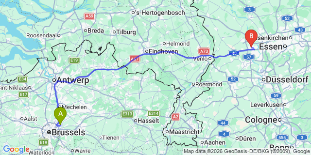 Map: Brussels Zaventem Airport (BRU) to Moers