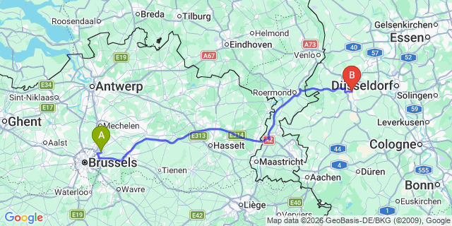 Map: Brussels Zaventem Airport (BRU) to Mönchengladbach