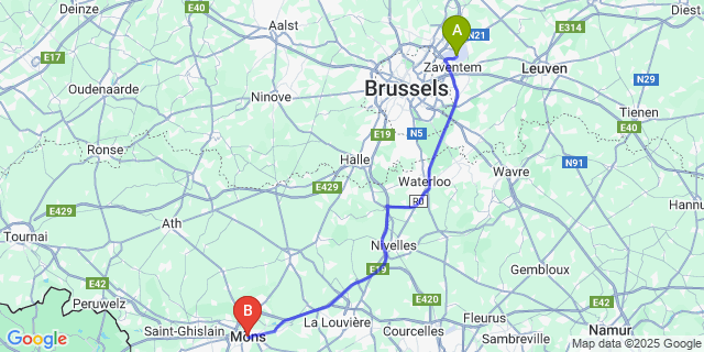 Map: Brussels Zaventem Airport (BRU) to Mons