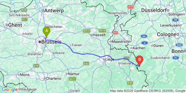 Map: Brussels Zaventem Airport (BRU) to Monschau