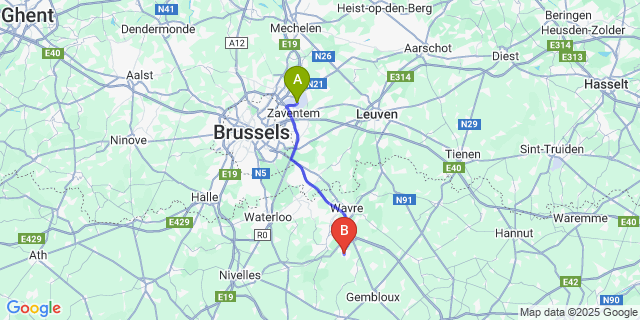 Map: Brussels Zaventem Airport (BRU) to Mont-Saint-Guibert