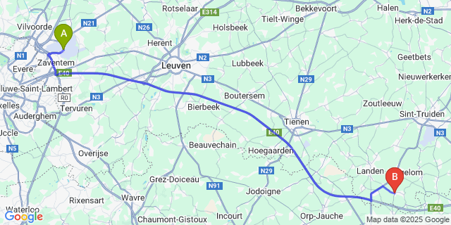 Map: Brussels Zaventem Airport (BRU) to Montenaken