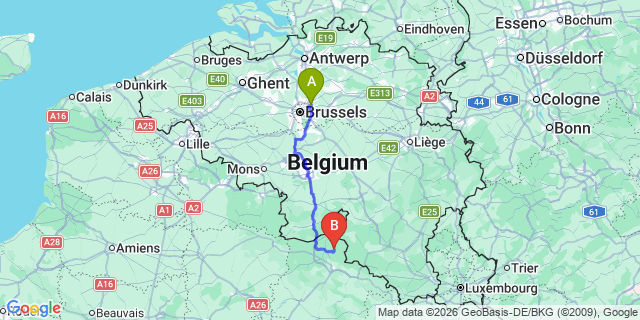 Map: Brussels Zaventem Airport (BRU) to Monthermé