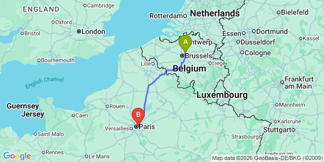 Map: Brussels Zaventem Airport (BRU) to Montreuil