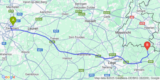 Map: Brussels Zaventem Airport (BRU) to Montzen-Gare