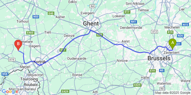 Map: Brussels Zaventem Airport (BRU) to Moorslede