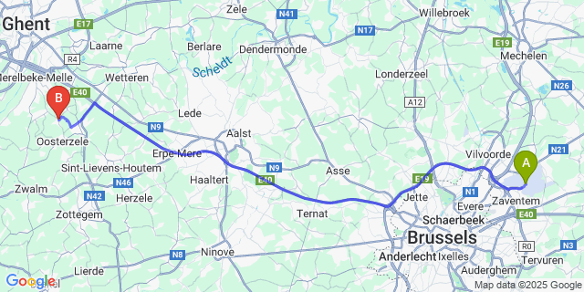 Map: Brussels Zaventem Airport (BRU) to Moortsele