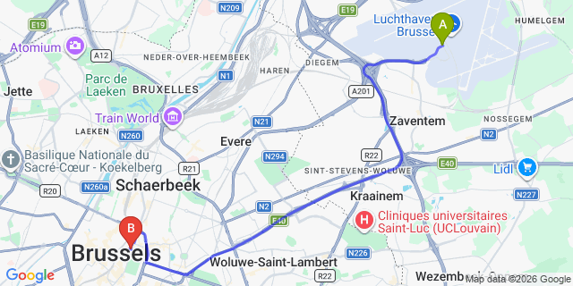 Map: Brussels Zaventem Airport (BRU) to Motel One Brussels