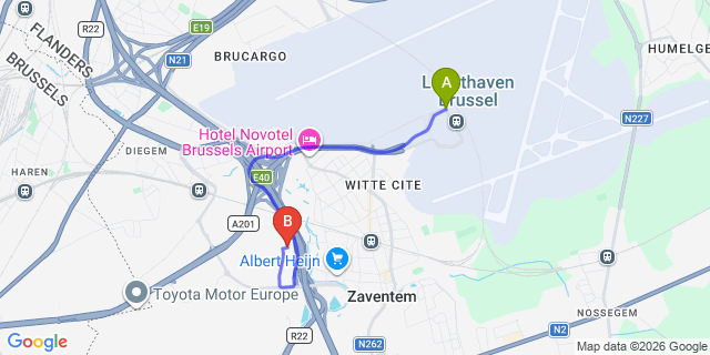 Map: Brussels Zaventem Airport (BRU) to Mövenpick Hotel Brussels Airport