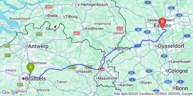 Map: Brussels Zaventem Airport (BRU) to Mülheim an der Ruhr