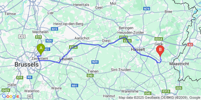 Map: Brussels Zaventem Airport (BRU) to Munsterbilzen