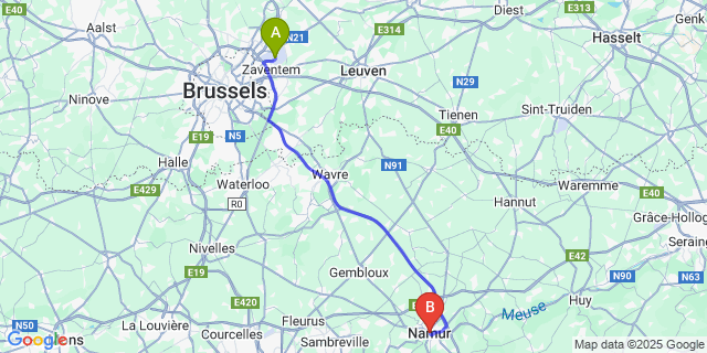 Map: Brussels Zaventem Airport (BRU) to Namur
