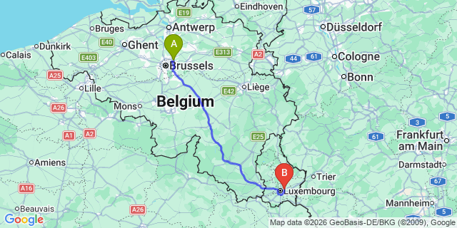 Map: Brussels Zaventem Airport (BRU) to Nancy