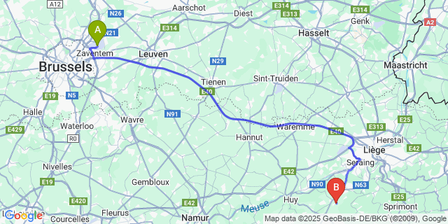 Map: Brussels Zaventem Airport (BRU) to Nandrin