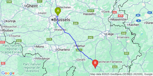 Map: Brussels Zaventem Airport (BRU) to Nassogne