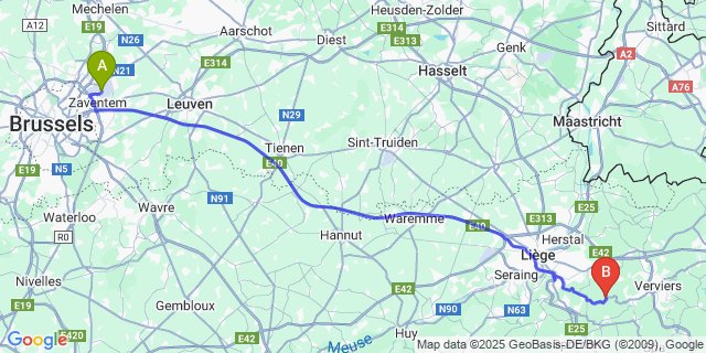 Map: Brussels Zaventem Airport (BRU) to Nessonvaux