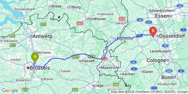 Map: Brussels Zaventem Airport (BRU) to Neuss