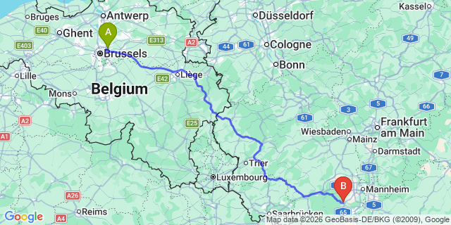 Map: Brussels Zaventem Airport (BRU) to Neustadt an der Weinstraße