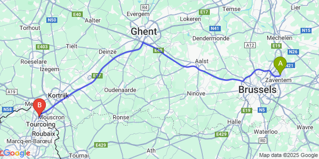 Map: Brussels Zaventem Airport (BRU) to Neuville en Ferrain