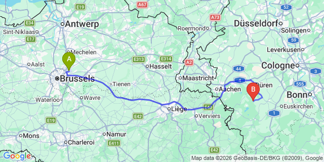 Map: Brussels Zaventem Airport (BRU) to Nideggen