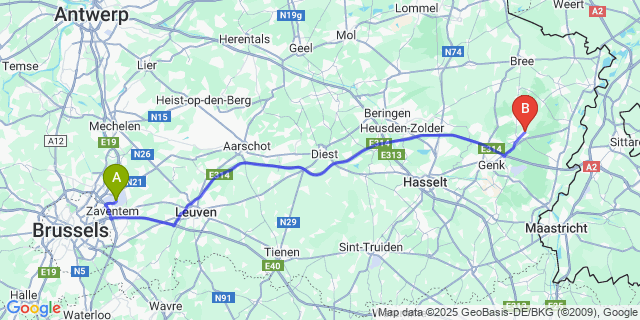 Map: Brussels Zaventem Airport (BRU) to Niel-Bij-As