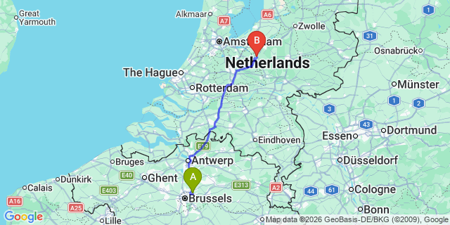 Map: Brussels Zaventem Airport (BRU) to Nijkerk