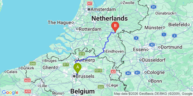 Map: Brussels Zaventem Airport (BRU) to Nijmegen