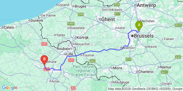 Map: Brussels Zaventem Airport (BRU) to Noeux-les-Mines