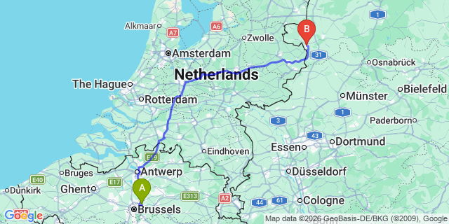 Map: Brussels Zaventem Airport (BRU) to Nordhorn
