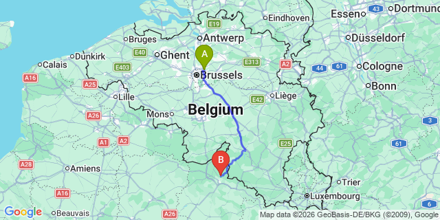 Map: Brussels Zaventem Airport (BRU) to Nouzonville