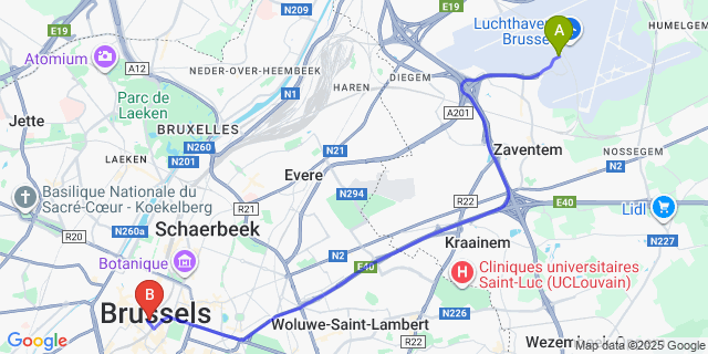 Map: Brussels Zaventem Airport (BRU) to Novotel Brussels off Grand Place