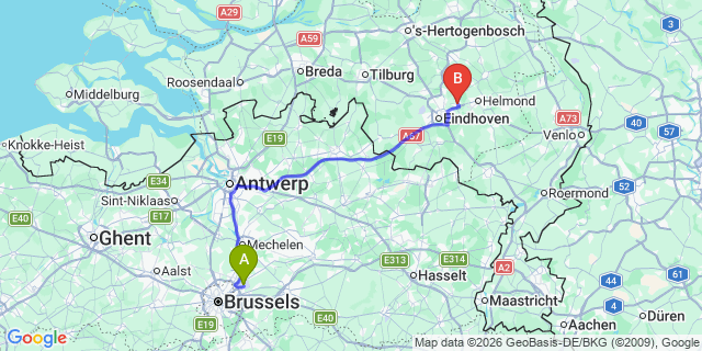 Map: Brussels Zaventem Airport (BRU) to Nuenen