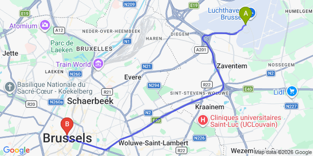 Map: Brussels Zaventem Airport (BRU) to Numa Brussels Royal Galleries
