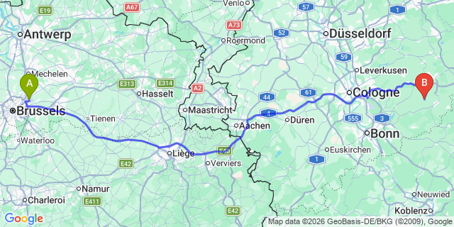 Map: Brussels Zaventem Airport (BRU) to Nümbrecht