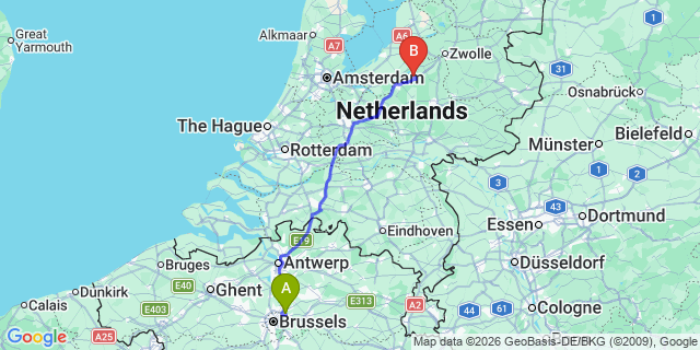Map: Brussels Zaventem Airport (BRU) to Nunspeet