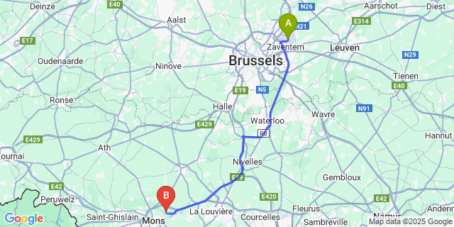 Map: Brussels Zaventem Airport (BRU) to Obourg